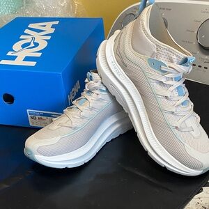 Hoka Women's Light Gray and Sky Blue Sneakers